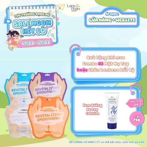  [DEAL 11/8 - 31/8 MUA COMBO 3 NẠ CHÂN/TAY LANBENA TẶNG 1 TUÝP KEM DƯỠNG TAY HATOMUGI][DEAL 11/8 - 31/8 HĐ LANBENA 299K TẶNG 01 MẶT NẠ MẮT LANBENA VITA C] Mặt Nạ Tay Làm Mềm Cấp Ẩm Lanbena Hand Mask 