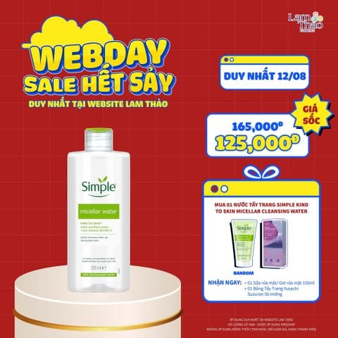  [DEAL WEB: DUY NHẤT 12/8 TẶNG 1 SRM/GEL RỬA MẶT + 1 BÔNG TẨY TRANG YUSACHI 50M] Nước Tẩy Trang Simple Kind To Skin Micellar Cleansing Water 