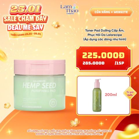 [DEAL SỐC 24.01 - 26.01 TẶNG GEL RỬA MẶT LALARECIPE 200ML] Toner Pad Dưỡng Cấp Ẩm, Phục Hồi Da Lalarecipe Hemp Seed Purifying Pad 