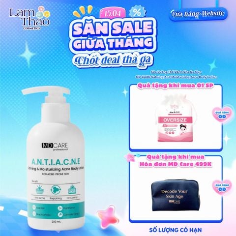  [TẶNG BTT BEFOU OVERSIZE 50 MIẾNG] [HĐ MD CARE 499K TẶNG 01 TÚI DA] Sữa Dưỡng Thể Dành Cho Da Mụn MD CARE Calming And Moisturizing Acne Body Lotion 