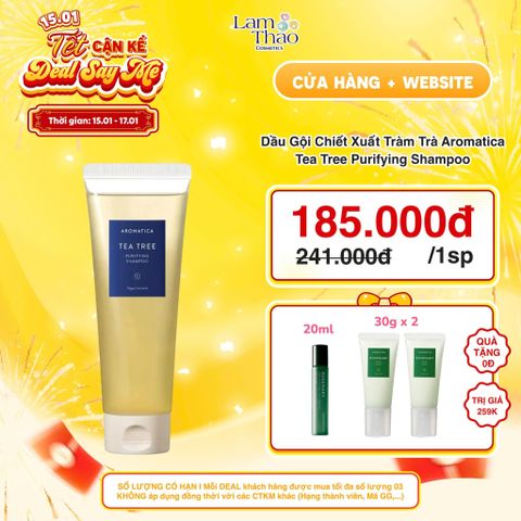  [DEAL SỐC 15.01 - 17.01 SIZE 180ML TẶNG 01 DƯỠNG TÓC 20ML + 02 TTBCDĐ AROMATICA 30G] Dầu Gội Chiết Xuất Tràm Trà Aromatica Tea Tree Purifying Shampoo 