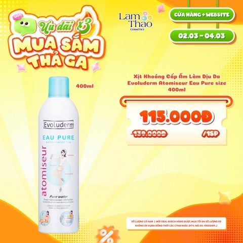  [DEAL SỐC 02.03 - 04.03 SIZE 400ML] Xịt Khoáng Cấp Ẩm Làm Dịu Da Evoluderm Atomiseur Eau Pure 