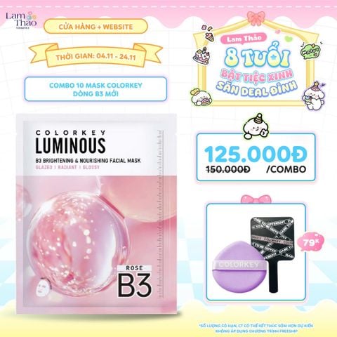  [DEAL SỐC 4.11 - 24.11 COMBO 10 MASK TẶNG BÔNG MÚT NỀN + GƯƠNG COLORKEY] Mặt Nạ Dưỡng Ẩm Và Sáng Da B3 Colorkey Luminous B3 Brightening & Nourishing Facial Mask - Rose 