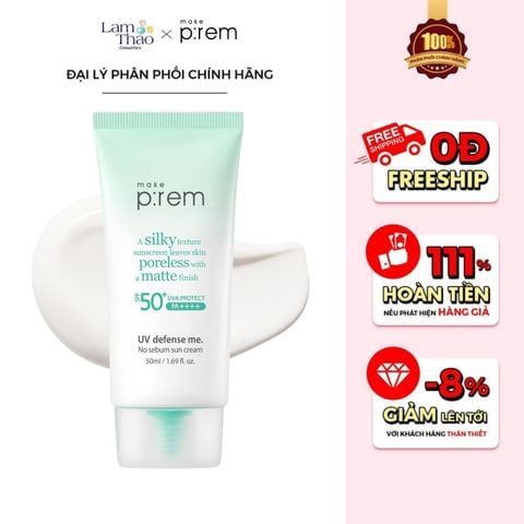  [DEAL SỐC 8.10 - 10.10] Kem Chống Nắng Vật Lý Kiềm Dầu Make P:rem UV Defense Me No Sebum Sun Cream SPF50+ PA++++ 