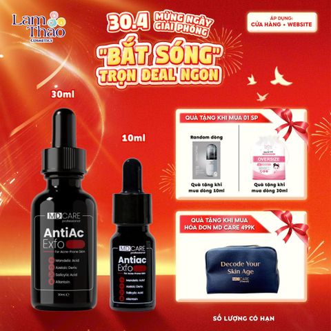  [MUA SIZE 10ML TẶNG 01 MASK ARUMORE - SIZE 30ML TẶNG BTT BEFOU OVERSIZE 50 MIẾNG] [HĐ MD CARE 499K TẶNG 01 TÚI DA] Tẩy Tế Bào Chết Kiểm Soát Mụn, Giảm Viêm Và Giảm Tiết Dầu MD CARE AntiAc Exfo 