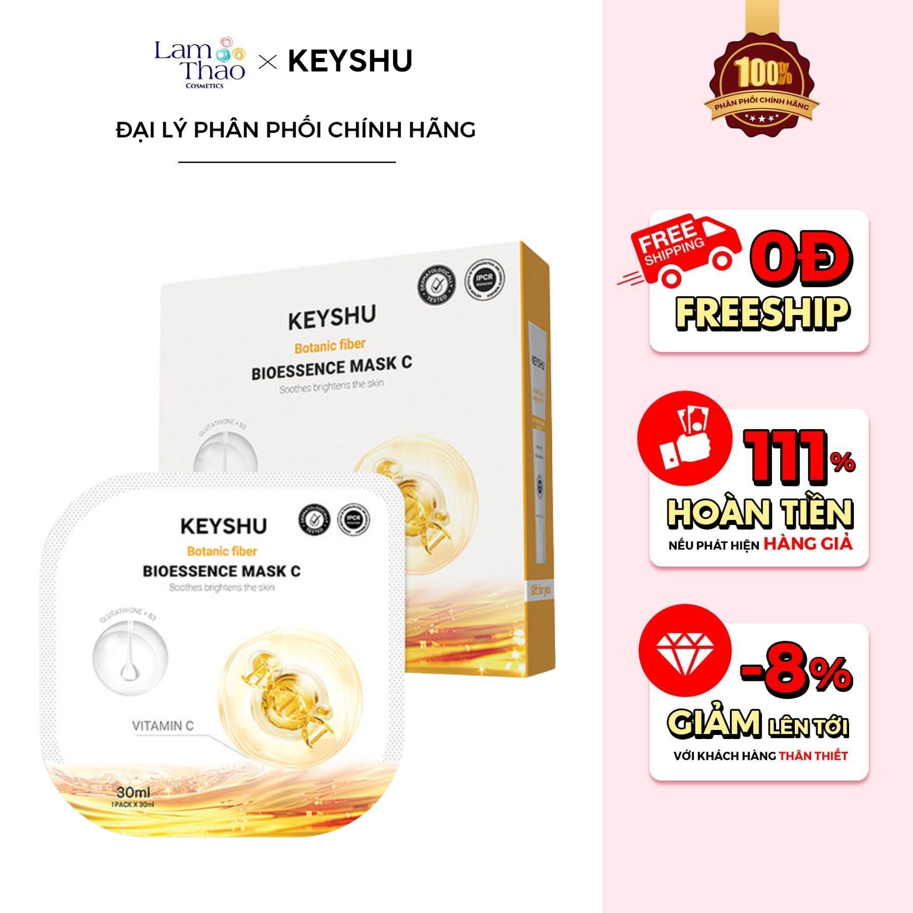 MUA 10 MASK KEYSHU TẶNG 02 MASK KEYSHU MUA 20 MASK KEYSHU TẶNG 04 MASK KEYSHU KEM DƯỠNG 10ML Mặt Nạ Vitamin C Cấp Ẩm Dưỡng Sáng Da Keyshu Botanic Fiber Bioessence Mask C