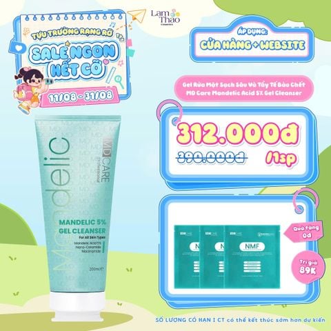  [MUA 1 SRM MD CARE TẶNG 03 MẶT NẠ MD Care NMF PREMIUM MASK]  Gel Rửa Mặt Sạch Sâu Và Tẩy Tế Bào Chết MD Care Mandelic Acid 5% Gel Cleanser 