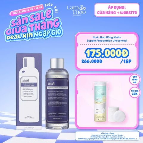  [DEAL SỐC 14.10 - 16.10 SIZE 180ML TẶNG BTT LML 80M] Nước Hoa Hồng Không Mùi Klairs Supple Preparation Unscented Toner 
