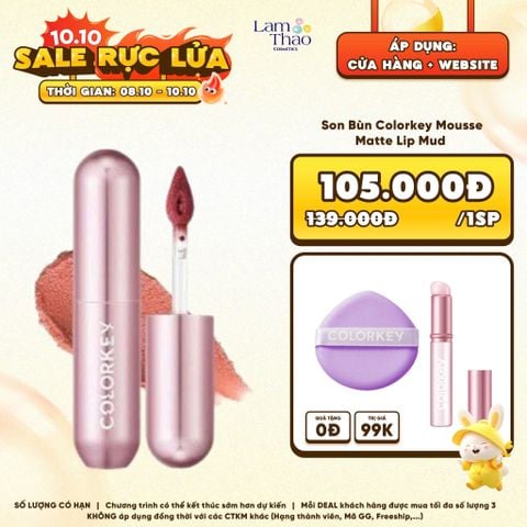  [DEAL SỐC 8.10 - 10.10 TẶNG MÚT NỀN COLORKEY + CỌ MÔI COLORKEY] Son Bùn Colorkey Mousse Matte Lip Mud 