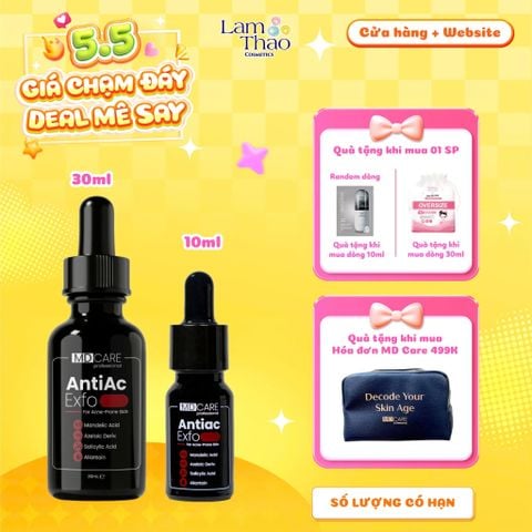 [MUA SIZE 10ML TẶNG 01 MASK ARUMORE - SIZE 30ML TẶNG BTT BEFOU OVERSIZE 50 MIẾNG] [HĐ MD CARE 499K TẶNG 01 TÚI DA] Tẩy Tế Bào Chết Kiểm Soát Mụn, Giảm Viêm Và Giảm Tiết Dầu MD CARE AntiAc Exfo 