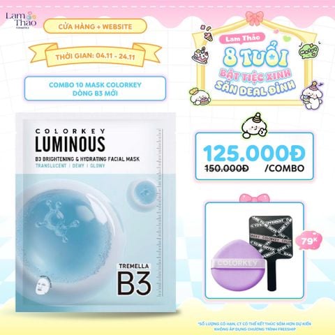  [DEAL SỐC 4.11 - 24.11 COMBO 10 MASK TẶNG BÔNG MÚT NỀN + GƯƠNG COLORKEY] Mặt Nạ Cấp Ẩm Và Sáng Da B3 Colorkey Luminous B3 Brightening & Hydrating Facial Mask - Tremella 