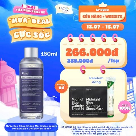  [DEAL 12/7 - 15/7 MUA SIZE 180ML TẶNG 02 NẠ KLAIRS + 1 BÔNG TT 150M] Nước Hoa Hồng Không Mùi Klairs Supple Preparation Unscented Toner 