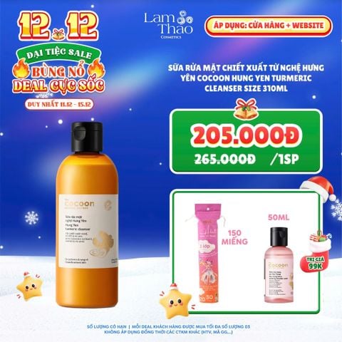  [DEAL SỐC 11.12 - 15.12 MUA SIZE 310ML TẶNG NTT SEN HẬU GIANG 50ML + BTT ALICE 150 MIẾNG] Sữa Rửa Mặt Chiết Xuất Từ Nghệ Hưng Yên Cocoon Hung Yen Turmeric Cleanser 