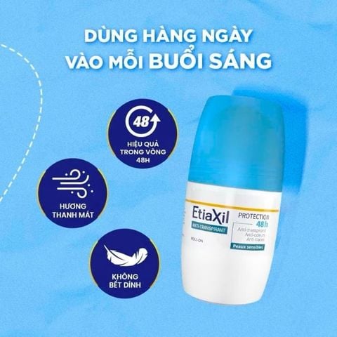  Lăn Khử Mùi EtiaXil Anti-Transpirant Protection 48h Peaux Sensibles Roll-On 