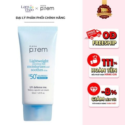  [DEAL SỐC 4.11 - 24.11] Kem Chống Nắng Hoá Học Cấp Ẩm Mỏng Nhẹ Make P:rem UV Defense Me Watery Capsule Sun Cream SPF50+ PA++++ 