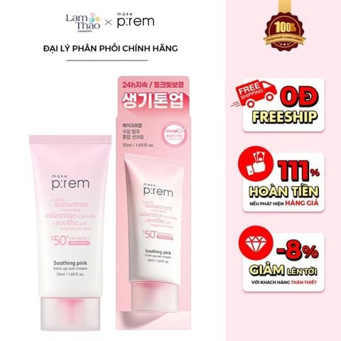 Kem Chống Nắng Vật Lý Cải Tiến Mới Nâng Tone Trắng Hồng Make P:rem Soothing Pink Tone Up Sun Cream SPF50+ PA++++ 