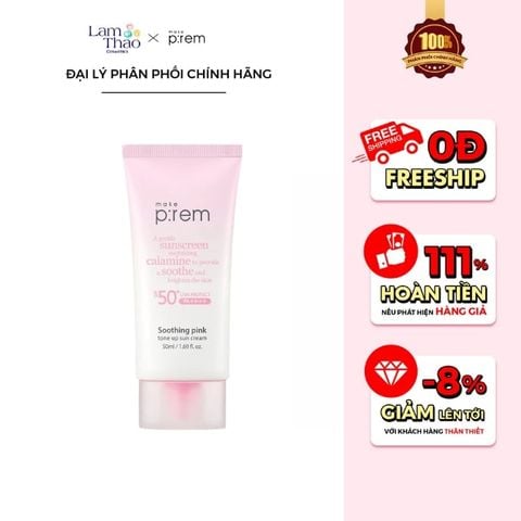  [DEAL SỐC 05.06 - 08.06 SIZE 50ML] Kem Chống Nắng Vật Lý Cải Tiến Mới Nâng Tone Trắng Hồng Make P:rem Soothing Pink Tone Up Sun Cream SPF50+ PA++++ 