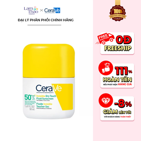  [DUY NHẤT Q7 & TÂN PHÚ: HĐ CERAVE TỪ 1TR TẶNG BÌNH NƯỚC MAYBELLINE + TÚI GARNIER + TÚI CERAVE + 04 SRM CERAVE 30ML + SỮA DƯỠNG 30ML + BTT 120 MIẾNG]  [KHÔNG ÁP DỤNG HTV] Sữa Chống Nắng Kiềm Dầu Cerave Invisible Dry Touch Fluid Sunscreen SPF50+ PA++++ 