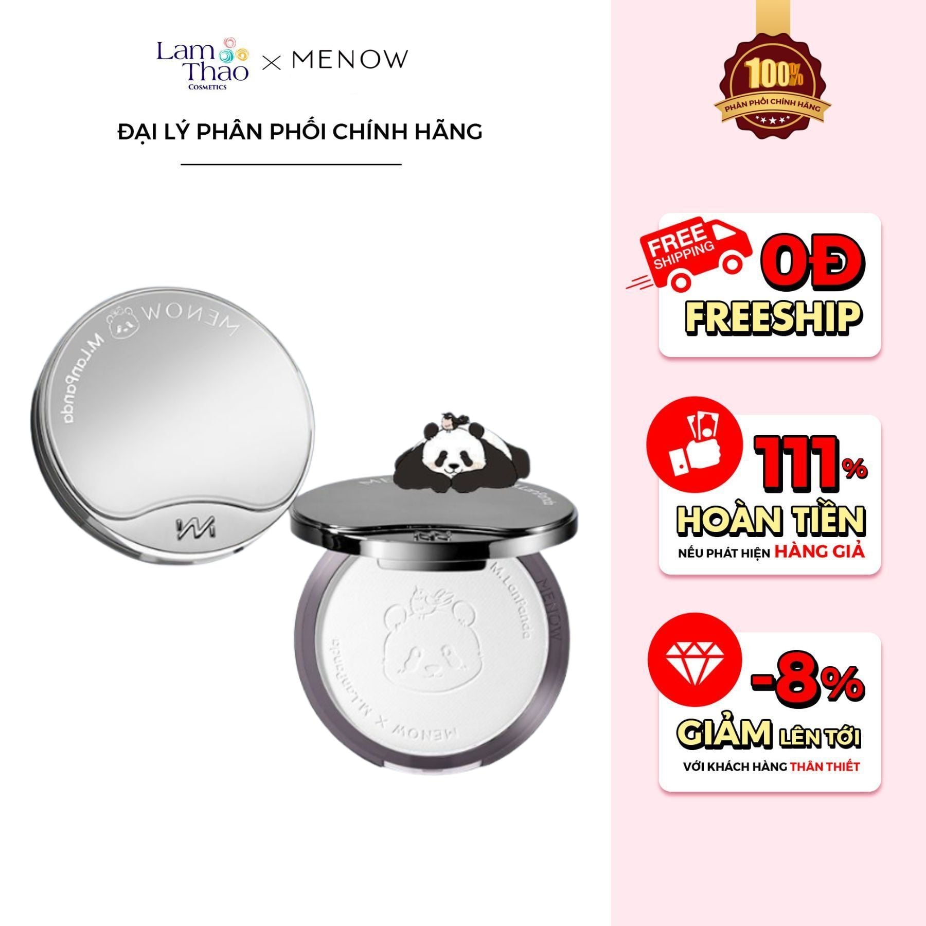 TẶNG BẢNG PHẤN MẮT 4 Ô MENOW Phấn Phủ Dạng Nén Menow x Menglan Panda Velvet Mist Complexion Powder