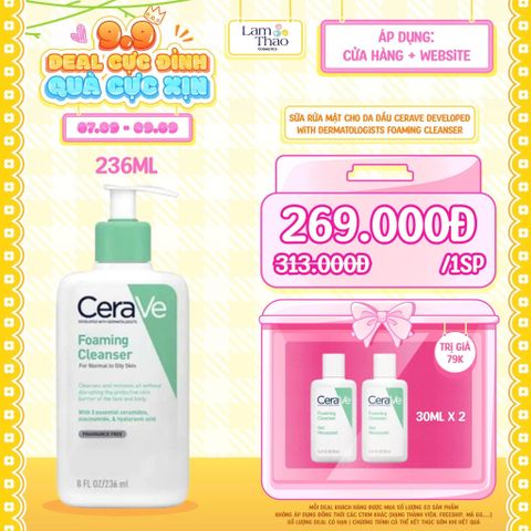  [DEAL SỐC 07.09 - 09.09  MUA SIZE 236ML TẶNG 02 SỮA RỬA MẶT DA DẦU 30ML] Sữa Rửa Mặt Cho Da Dầu Cerave Developed With Dermatologists Foaming Cleanser 