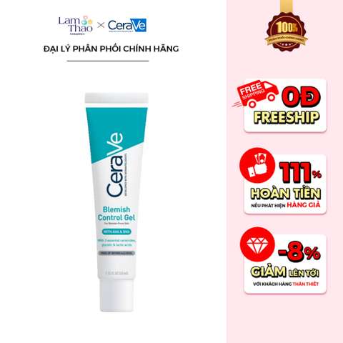  [DUY NHẤT Q7 & TÂN PHÚ: HĐ CERAVE TỪ 1TR TẶNG BÌNH NƯỚC MAYBELLINE + TÚI GARNIER + TÚI CERAVE + 04 SRM CERAVE 30ML + SỮA DƯỠNG 30ML + BTT 120 MIẾNG] [KHÔNG ÁP DỤNG HTV] Gel Hỗ Trợ Giảm Mụn Mờ Thâm Cerave Blemish Control Gel 