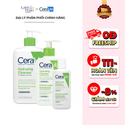 [DUY NHẤT Q7 & TP: HĐ CERAVE TỪ 1TR TẶNG BÌNH NƯỚC MAYBELLINE + TÚI GARNIER + TÚI CERAVE + 04 SRM CERAVE 30ML + SỮA DƯỠNG 30ML + BTT 120 MIẾNG] [KHÔNG ÁP DỤNG HTV] Sữa Rửa Mặt Sạch Sâu Cho Da Khô Cerave Developed With Dermatologists Hydrating Cleanser 