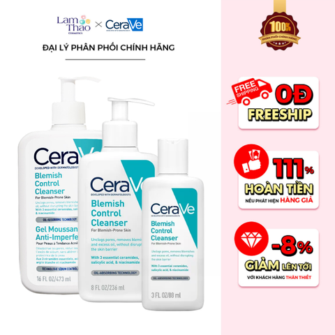  [DUY NHẤT Q7 & TÂN PHÚ: HĐ CERAVE TỪ 1TR TẶNG BÌNH NƯỚC MAYBELLINE + TÚI GARNIER + TÚI CERAVE + 04 SRM CERAVE 30ML + SỮA DƯỠNG 30ML + BTT 120 MIẾNG] [KHÔNG ÁP DỤNG HTV] Sữa Rửa Mặt Kiểm Soát Nhờn Hỗ Trợ Giảm Mụn Cerave Blemish Control Cleanser 
