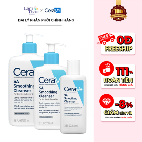  [DUY NHẤT Q7 & TÂN PHÚ: HĐ CERAVE TỪ 1TR TẶNG BÌNH NƯỚC MAYBELLINE + TÚI GARNIER + TÚI CERAVE + 04 SRM CERAVE 30ML + SỮA DƯỠNG 30ML + BTT 120 MIẾNG] [KHÔNG ÁP DỤNG HTV] Sữa Rửa Mặt Dành Cho Da Nhạy Cảm Cerave SA Smoothing Cleanser 