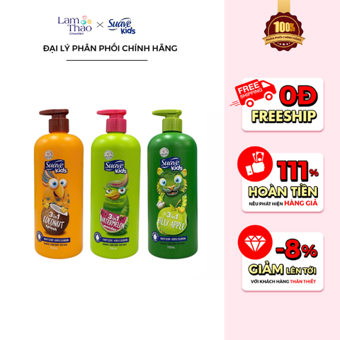  Sữa Tắm Gội Trẻ Em Suave Kids 3in1 Fruity Scent Gentle Cleansing Shampoo - Conditioner - Body Wash 