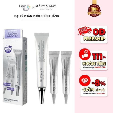  [ Set Special Gift ] Kem Mắt Cải Thiện Quầng Thăm Mắt Hiệu Quả Mary&May Tranexamic Acid + Glutathione Eye Cream 30g + 12g x 2 Tuýp 