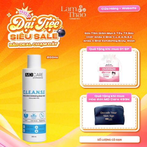  [TẶNG BTT BEFOU OVERSIZE 50 MIẾNG] [HĐ MD CARE 499K TẶNG 01 TÚI DA] Sữa Tắm Hỗ Trợ Tẩy Tế Bào Da Chết Và Giảm Mụn MD CARE C.L.E.A.N.S.E AHAs & BHA Exfoliating Body Wash 