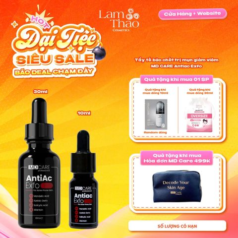  [MUA SIZE 10ML TẶNG 01 MASK ARUMORE - SIZE 30ML TẶNG BTT BEFOU OVERSIZE 50 MIẾNG] [HĐ MD CARE 499K TẶNG 01 TÚI DA] Tẩy Tế Bào Chết Kiểm Soát Mụn, Giảm Viêm Và Giảm Tiết Dầu MD CARE AntiAc Exfo 