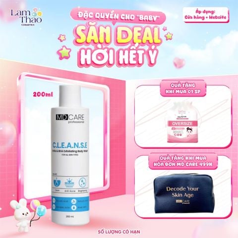  [TẶNG BTT BEFOU 50 MIẾNG][MUA HĐ MD CARE 499K TẶNG 01 TÚI DA ĐỰNG MỸ PHẨM] Sữa Tắm Hỗ Trợ Tẩy Tế Bào Da Chết Và Giảm Mụn MD CARE C.L.E.A.N.S.E AHAs & BHA Exfoliating Body Wash 
