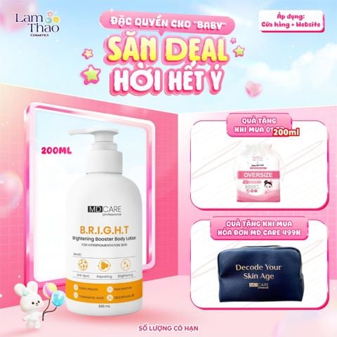  [TẶNG BTT BEFOU 50 MIẾNG][MUA HĐ MD CARE 499K TẶNG 01 TÚI DA ĐỰNG MỸ PHẨM] Sữa Dưỡng Thể Sáng Da Mờ Thâm MD CARE B.R.I.G.H.T Brightening Booster Body Lotion 