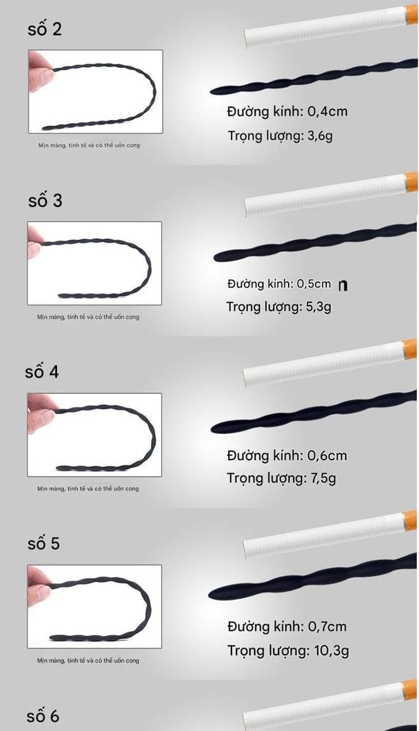 Que Sounding/kích thích niệu đạo, loại silicone xoắn mềm-dẻo thích hợp cho Người mới tập [Dài 30cm - nhiều size]