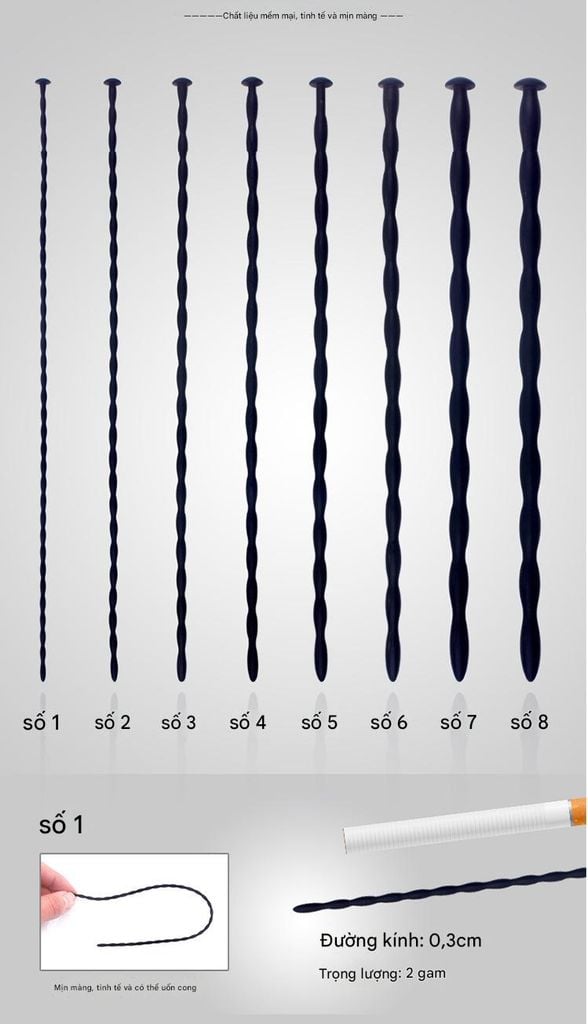 Que Sounding/kích thích niệu đạo, loại silicone xoắn mềm-dẻo thích hợp cho Người mới tập [Dài 30cm - nhiều size]