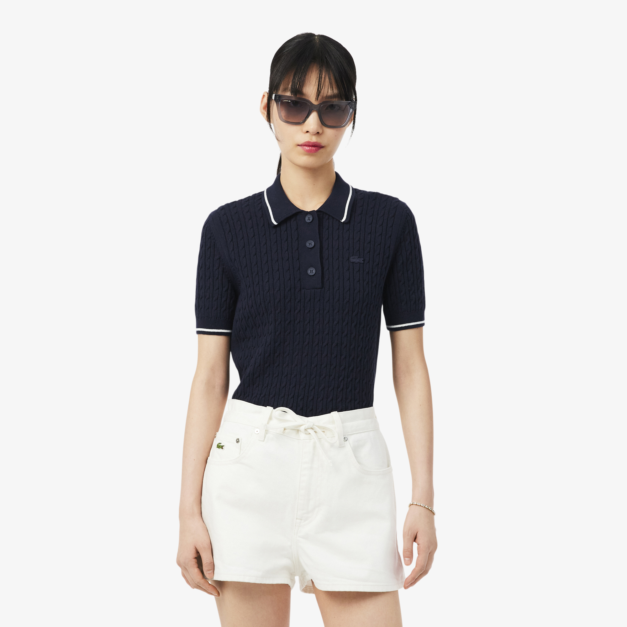 Áo Len Lacoste Nữ Dáng Suông Đan Sợi Cáp Cổ Polo Kẻ Sọc