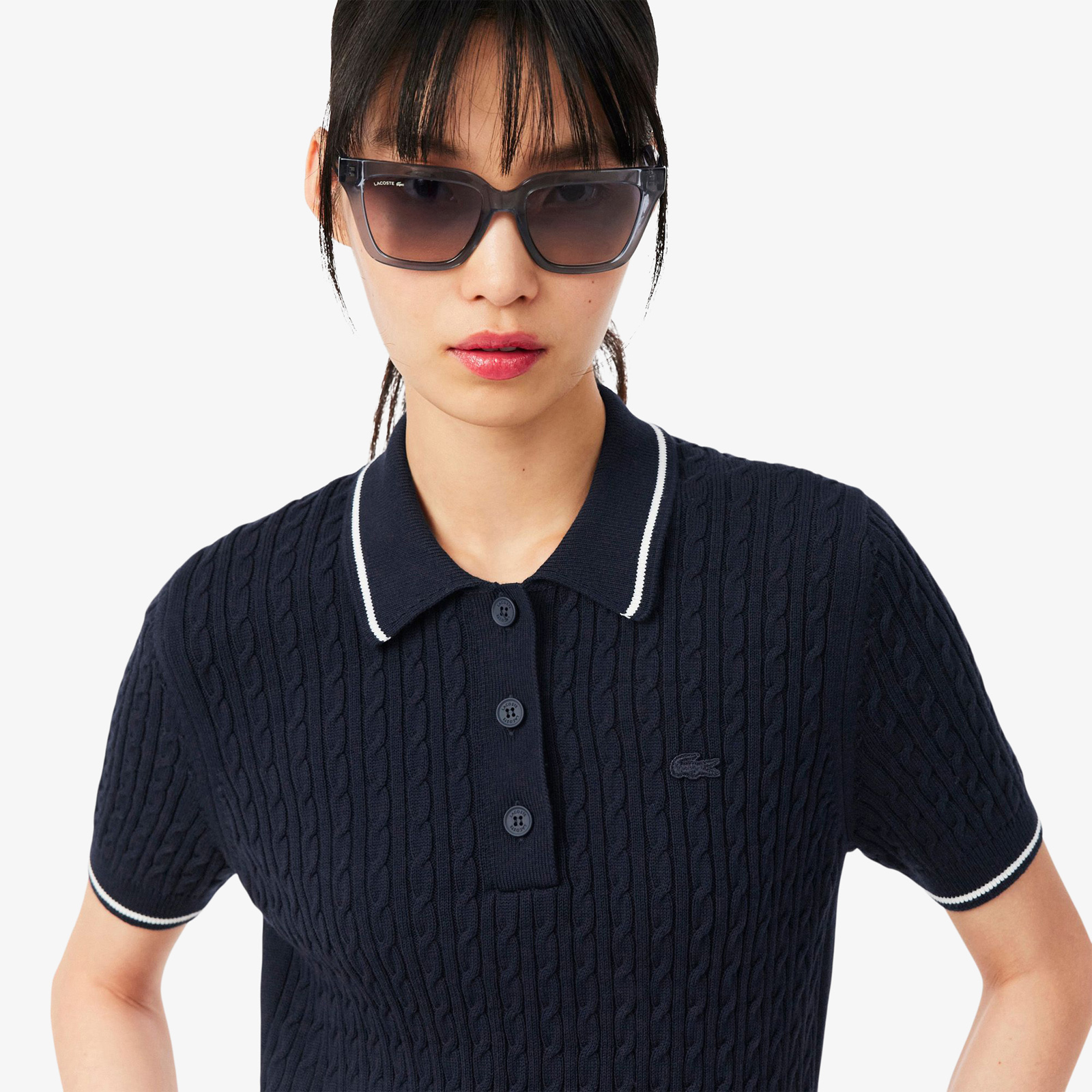 Áo Len Lacoste Nữ Dáng Suông Đan Sợi Cáp Cổ Polo Kẻ Sọc