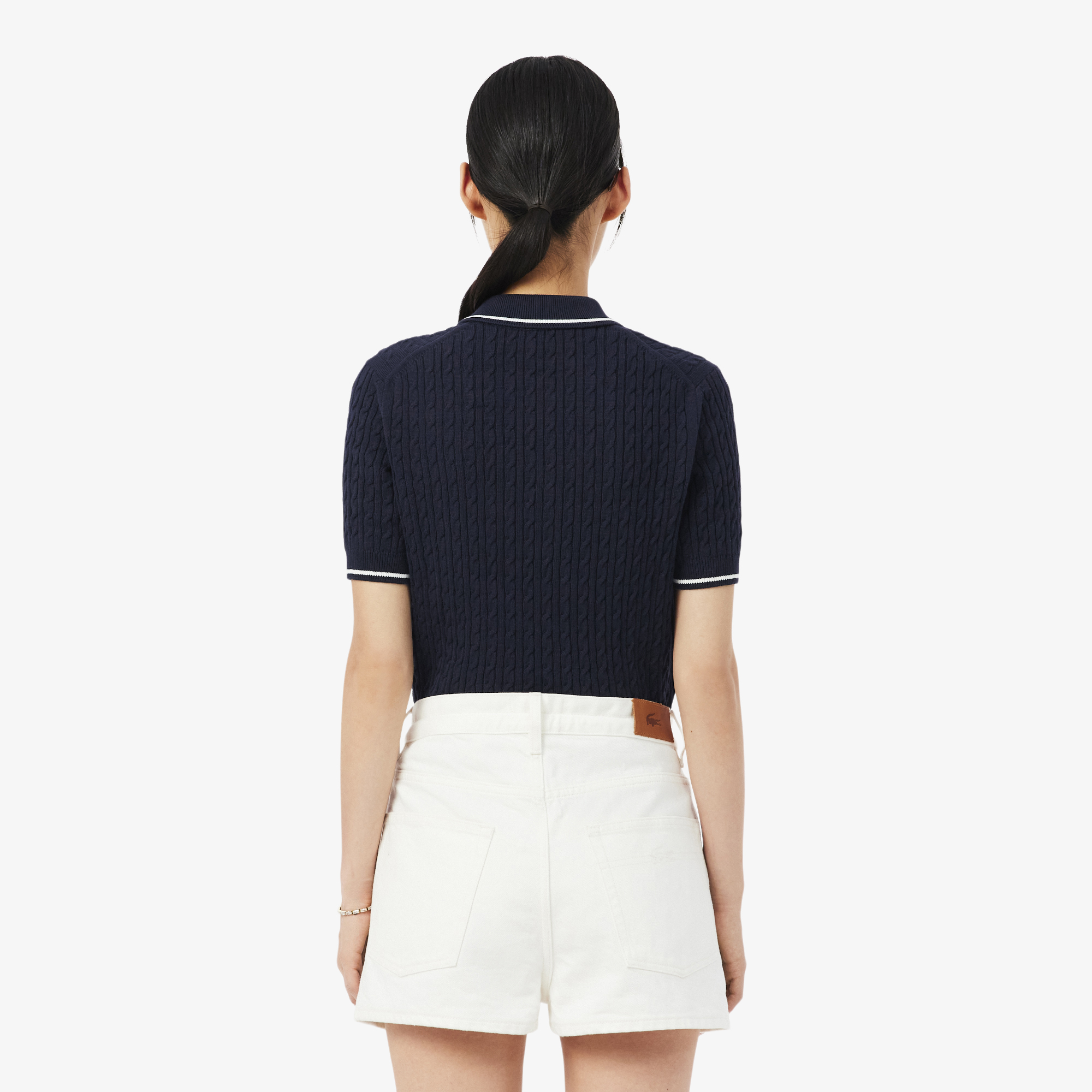 Áo Len Lacoste Nữ Dáng Suông Đan Sợi Cáp Cổ Polo Kẻ Sọc
