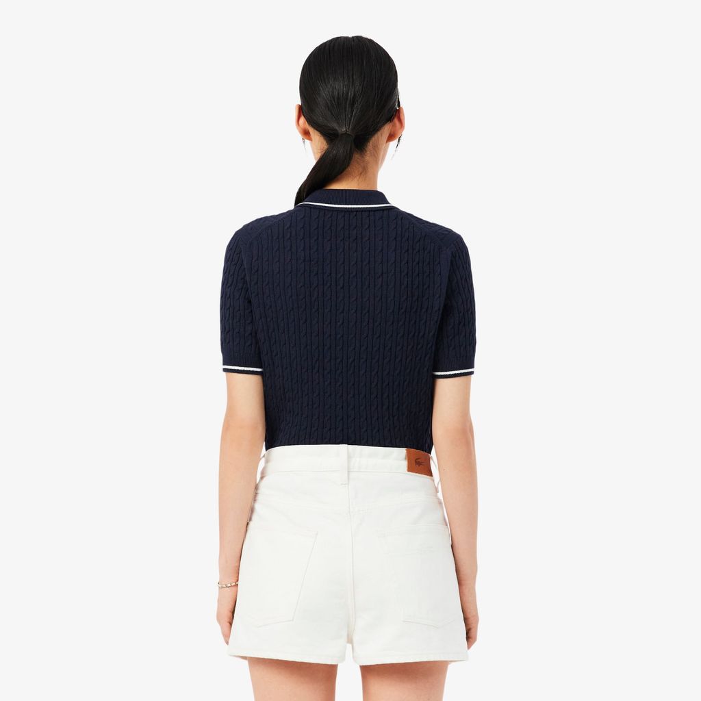 Áo Len Lacoste Nữ Dáng Suông Đan Sợi Cáp Cổ Polo Kẻ Sọc