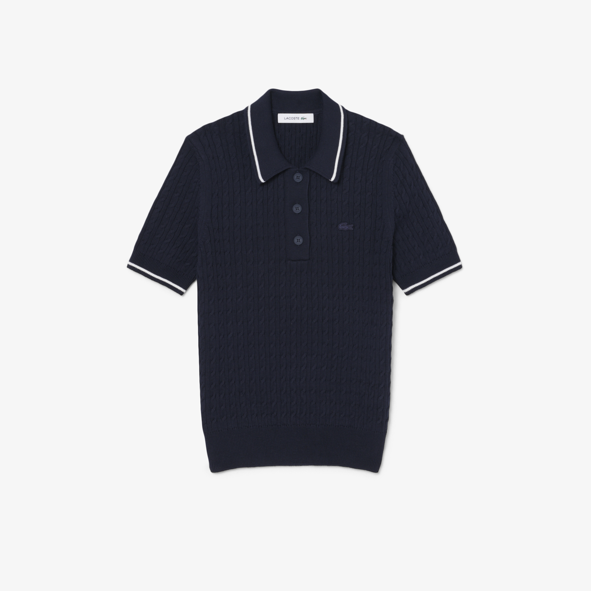 Áo Len Lacoste Nữ Dáng Suông Đan Sợi Cáp Cổ Polo Kẻ Sọc