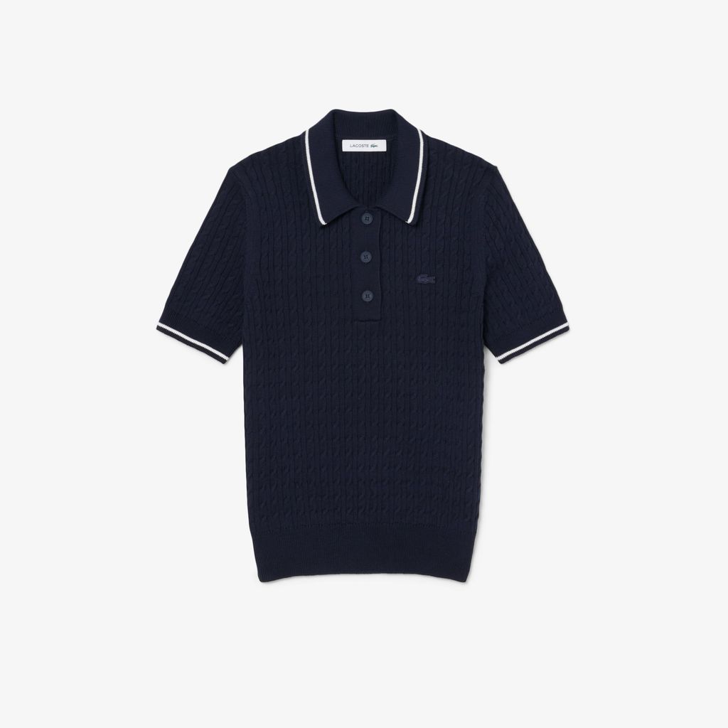 Áo Len Lacoste Nữ Dáng Suông Đan Sợi Cáp Cổ Polo Kẻ Sọc