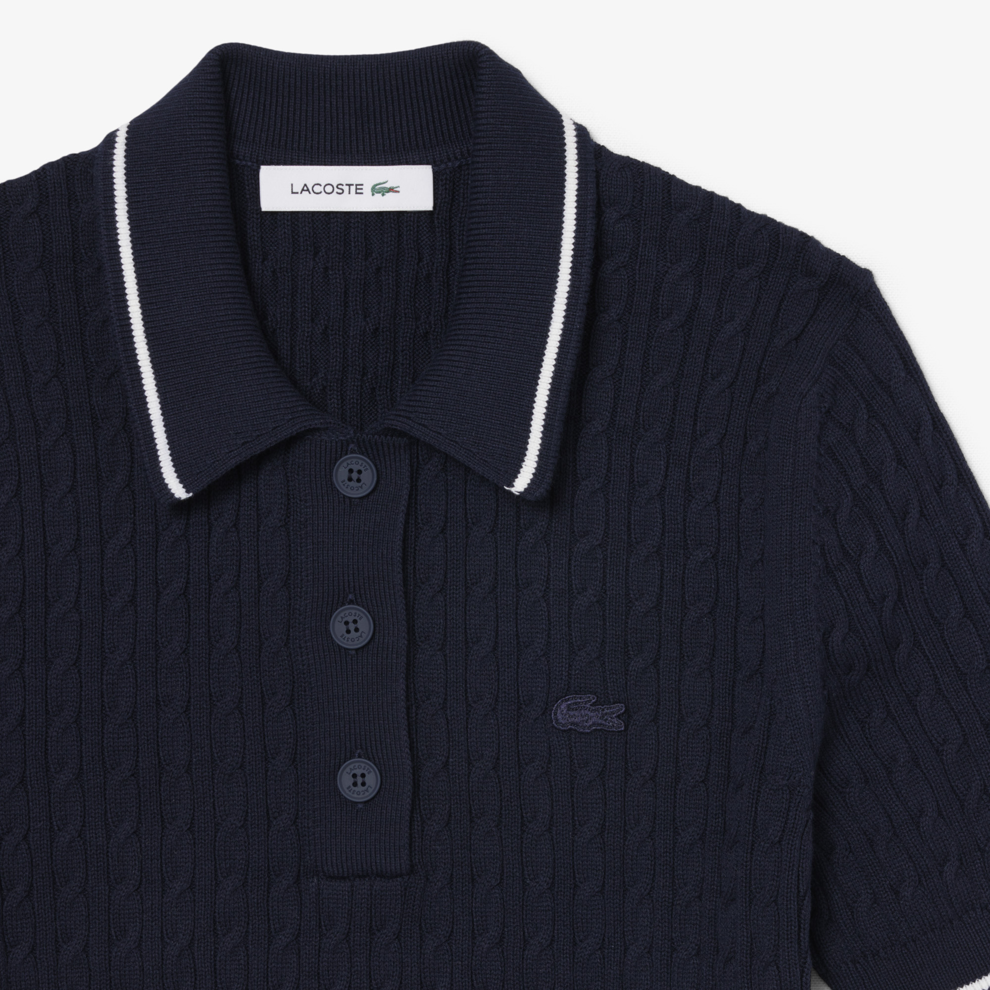 Áo Len Lacoste Nữ Dáng Suông Đan Sợi Cáp Cổ Polo Kẻ Sọc