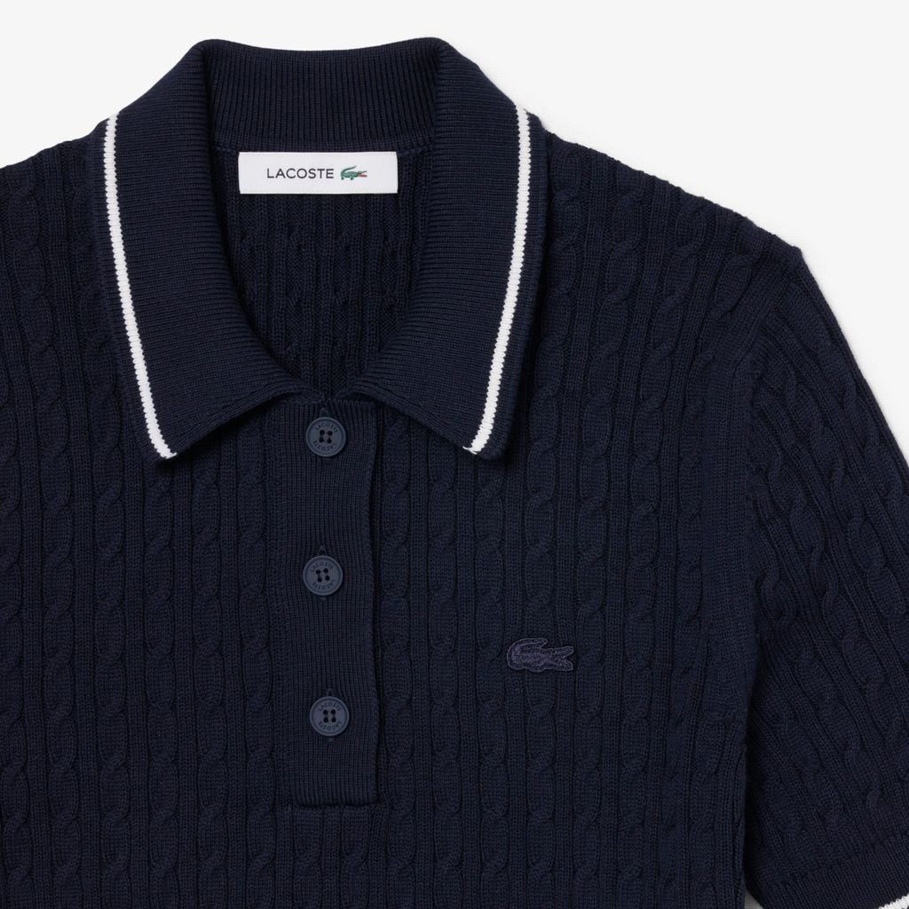 Áo Len Lacoste Nữ Dáng Suông Đan Sợi Cáp Cổ Polo Kẻ Sọc