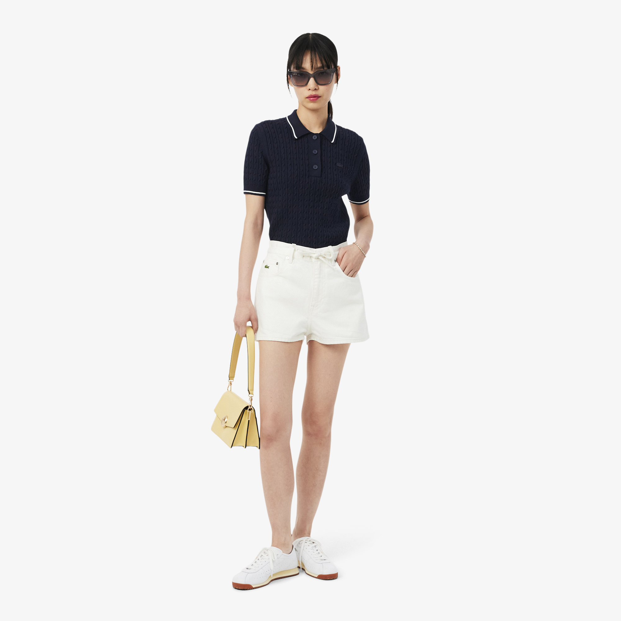 Áo Len Lacoste Nữ Dáng Suông Đan Sợi Cáp Cổ Polo Kẻ Sọc