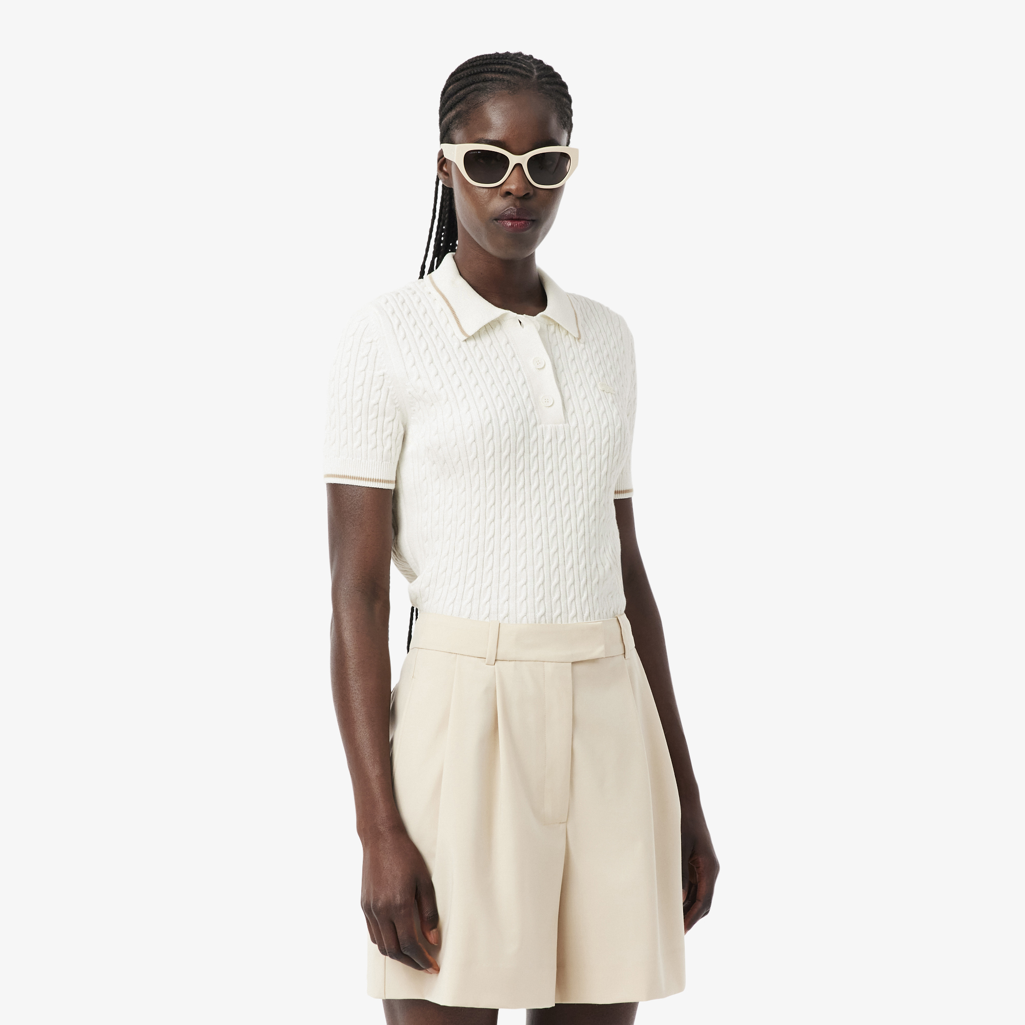 Áo Len Lacoste Nữ Dáng Suông Đan Sợi Cáp Cổ Polo Kẻ Sọc