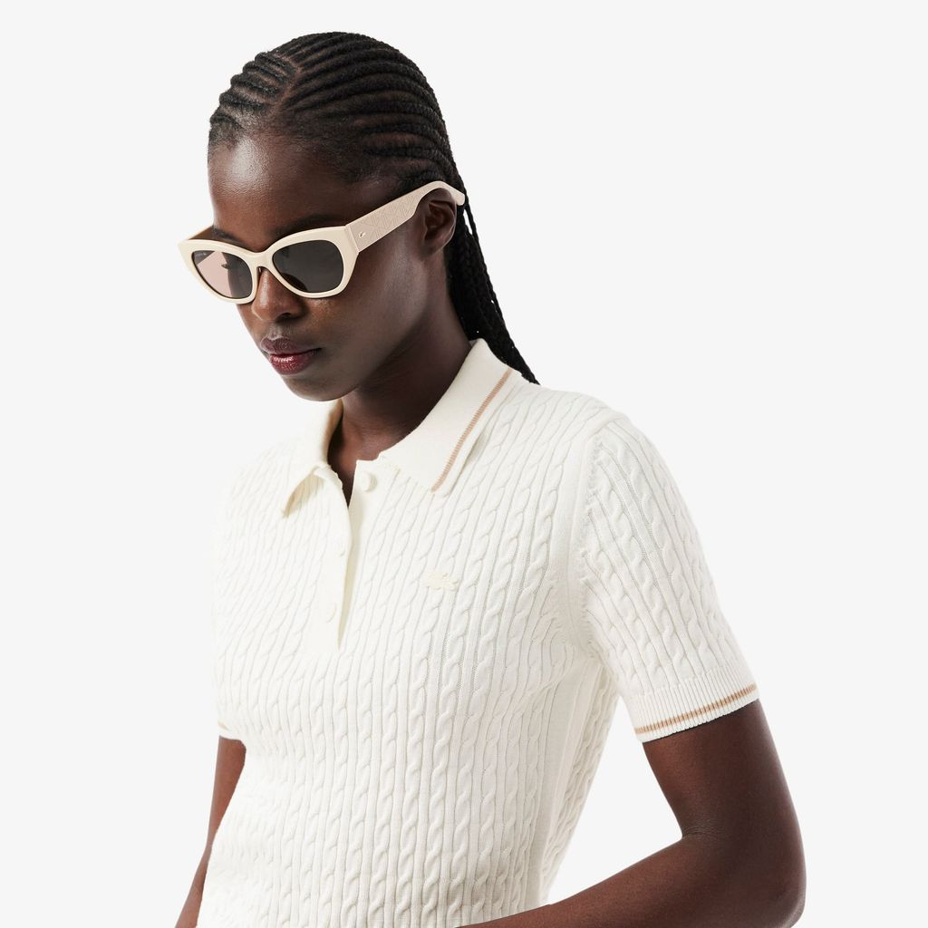 Áo Len Lacoste Nữ Dáng Suông Đan Sợi Cáp Cổ Polo Kẻ Sọc