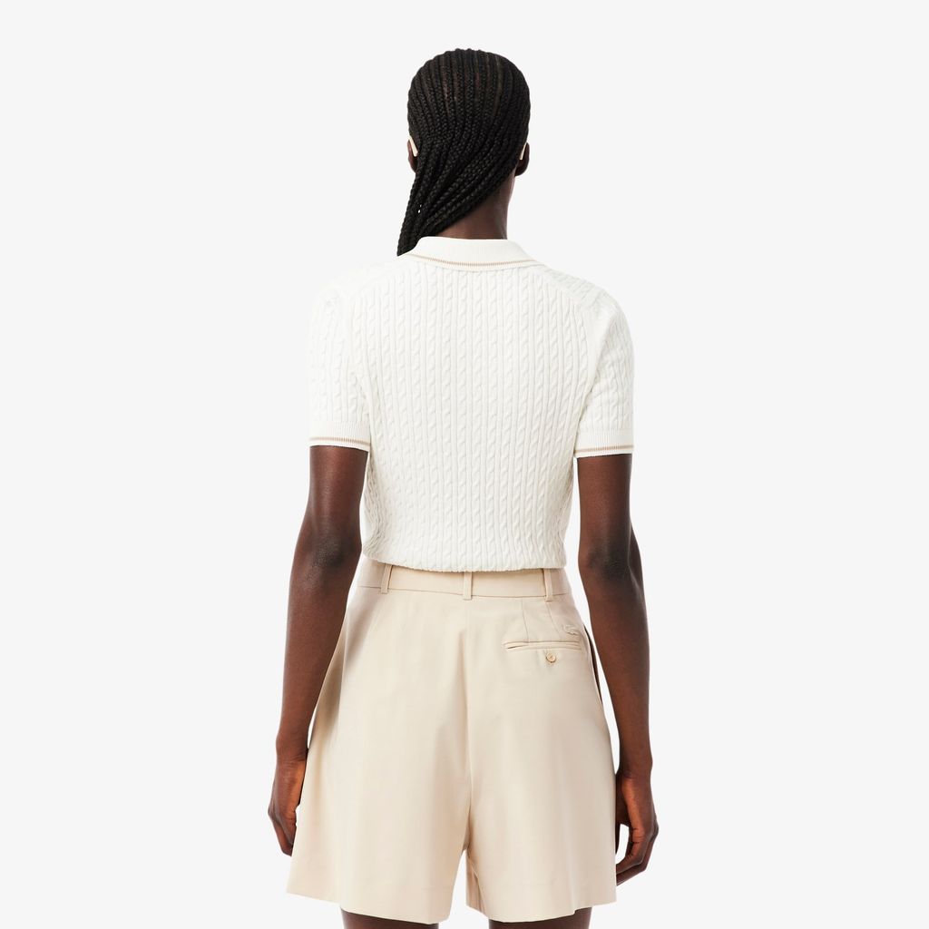 Áo Len Lacoste Nữ Dáng Suông Đan Sợi Cáp Cổ Polo Kẻ Sọc