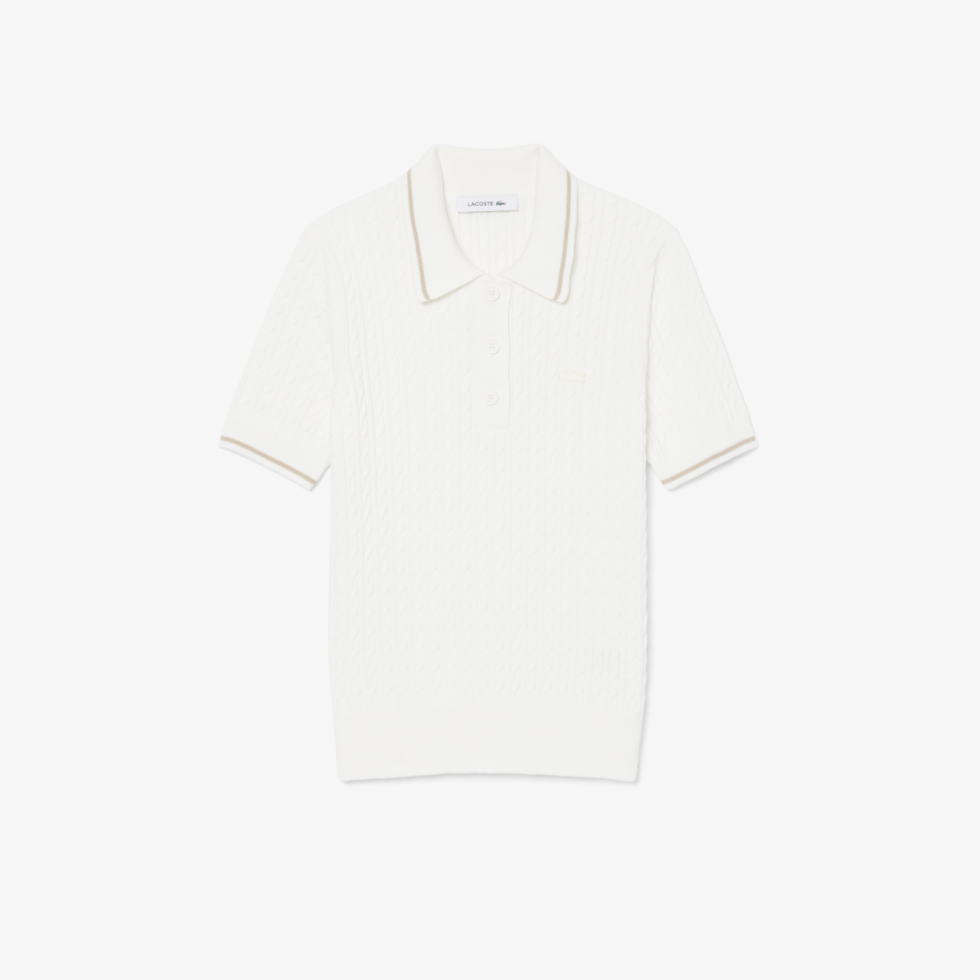 Áo Len Lacoste Nữ Dáng Suông Đan Sợi Cáp Cổ Polo Kẻ Sọc