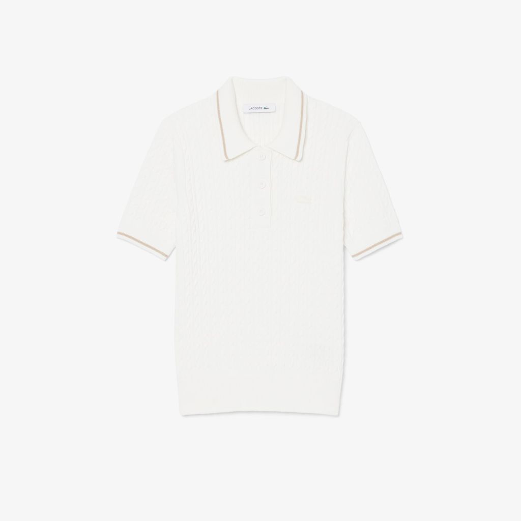 Áo Len Lacoste Nữ Dáng Suông Đan Sợi Cáp Cổ Polo Kẻ Sọc